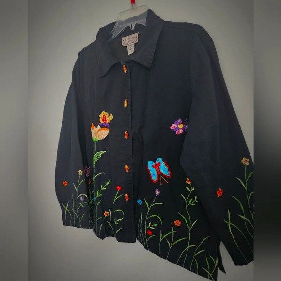 New Direction Vintage 90 Black Butterfly/Floral Embroidered Women's Jacket Sz 1X - Picture 2 of 10